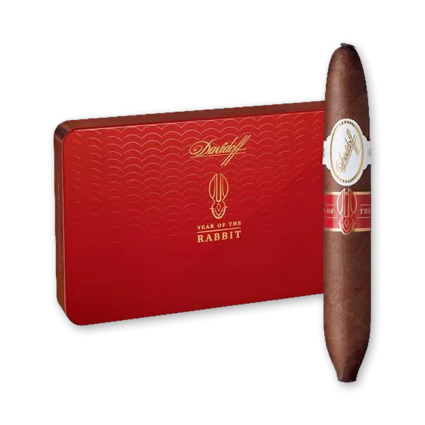 Charuto Davidoff Year of the Rabbit em pé junto à lata vermelha da edição