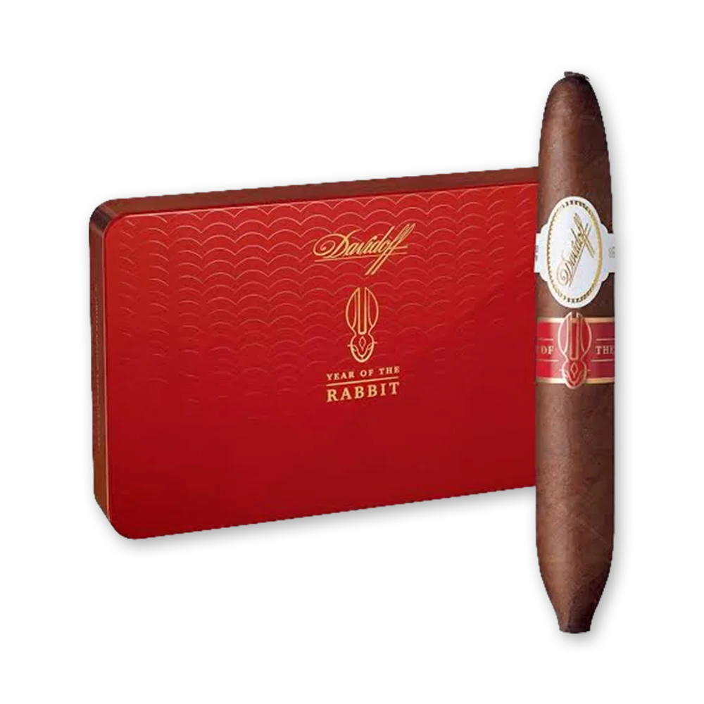Caixa Davidoff Year of the Rabbit fechada, 10 unidades Charuto Davidoff Year of the Rabbit em pé junto à lata vermelha da edição