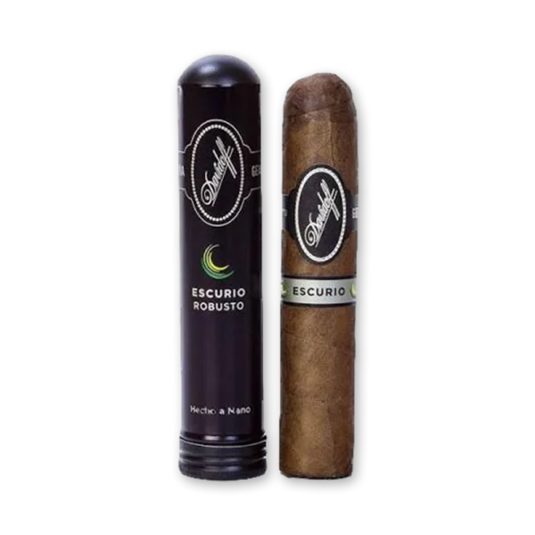 Dois tubos escuros Davidoff Escurio Robusto, um aberto com o charuto à mostra