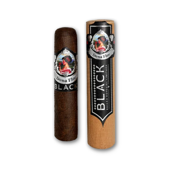 Charuto Dona Flor Black Edição Especial Limitada ao lado do tubo de madeira com rótulo preto