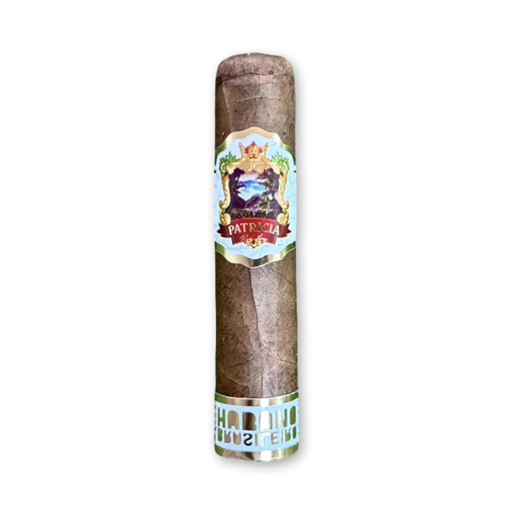 Charuto Diógenes Puentes Patrícia Detalhes Petit Robusto avulso Charuto Diógenes Puentes Patrícia Petit Robusto com anilha azul-clara e anilha de pé Habano Brasileiro