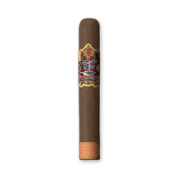 Charuto Empatia Esmeralda Reserva 2019 com anilha ornamentada em vermelho, verde e dourado e fita de pé laranja