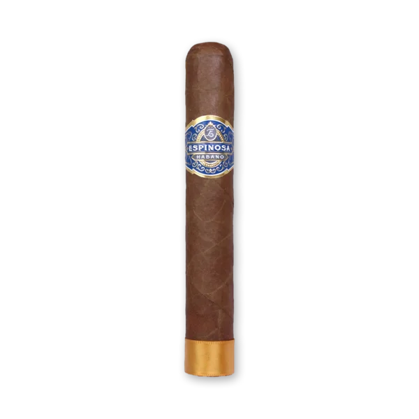Charuto Espinosa Habano No. 8 de capa marrom com anilha azul e dourada e fita dourada no pé