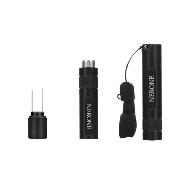 Furador multitool Nerone 2x1 em metal preto com furo e guilhotina