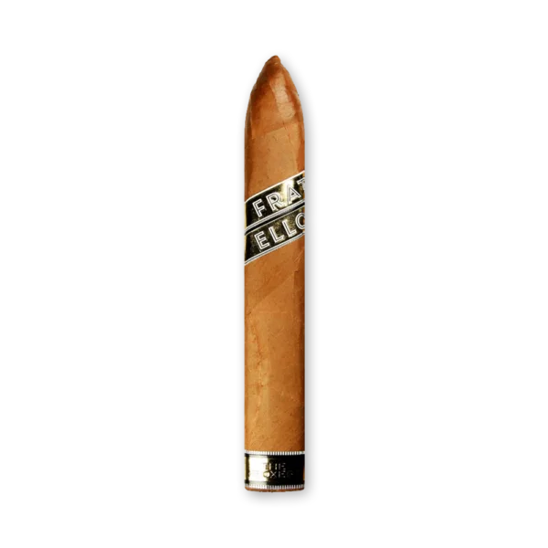 Charuto Fratello Oro The Boxer em formato torpedo, de capa clara com anilha preta e dourada e pé preto