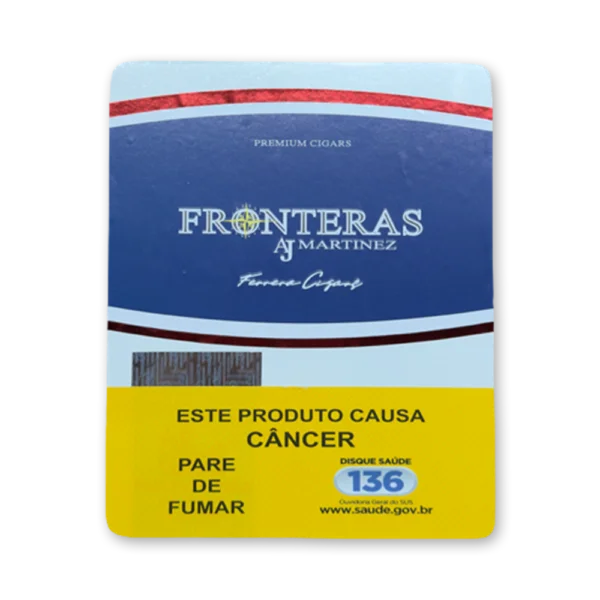 Embalagem azul e branca de charutos Fronteras AJ Martinez com faixa amarela de advertência sanitária