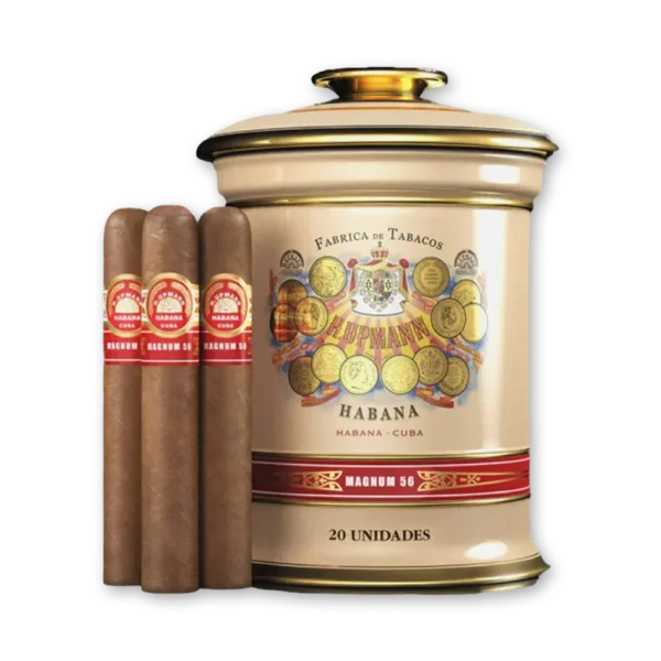Jarra de cerâmica creme e dourada H. Upmann Magnum 56 com 20 unidades e três charutos de anilha vermelha ao lado