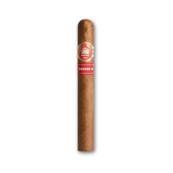 Charuto H. Upmann Magnum 46 longo de capa clara com anilha vermelha e dourada e faixa vermelha