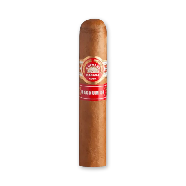 Charuto H. Upmann Magnum 54 curto e grosso de capa clara com anilha vermelha e faixa Magnum 54