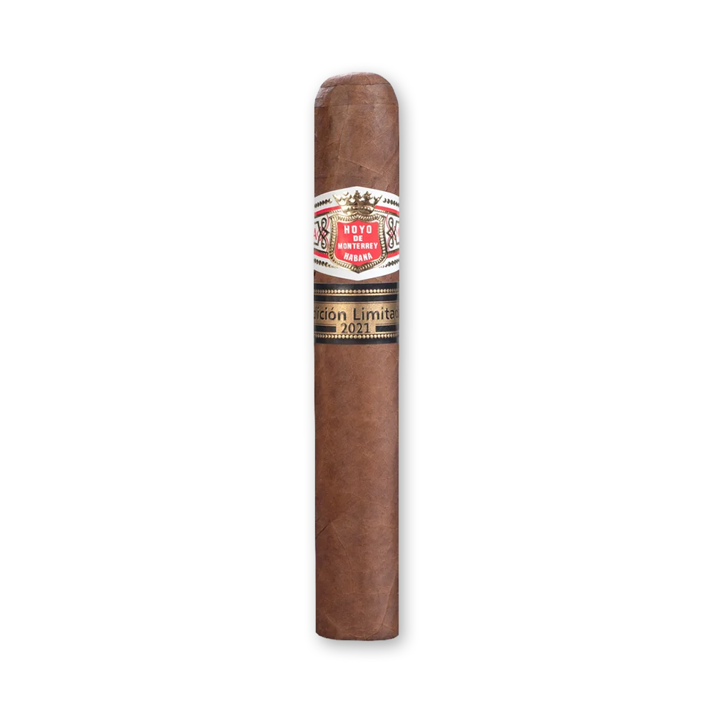 Charuto Hoyo de Monterrey Monterreyes No.4 Edición Limitada 2021 em pé Charuto Hoyo de Monterrey Monterreyes No.4 de capa marrom escura com anilha branca e faixa preta e dourada