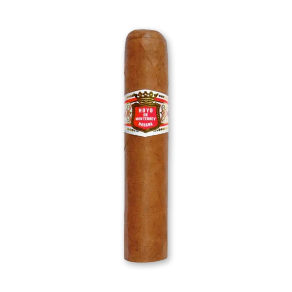 Charuto Hoyo de Monterrey Petit Robustos curto e grosso, de capa marrom clara, com anilha branca, vermelha e dourada