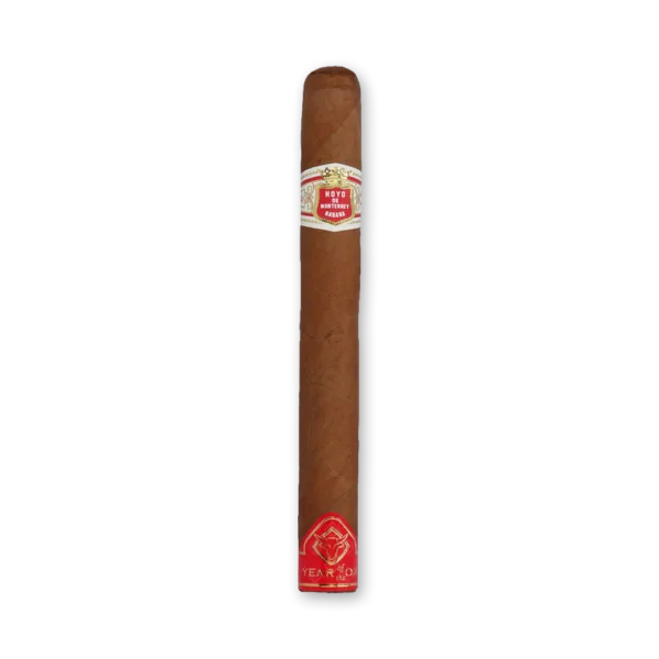 Charuto Hoyo de Monterrey Primaveras de capa marrom avermelhada, com anilha branca e faixa Year of the Ox no pé