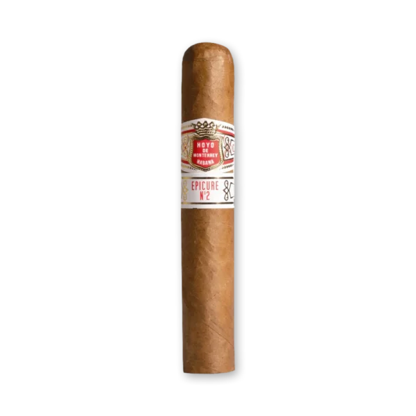 Charuto Hoyo de Monterrey Epicure No.2 de corpo grosso e capa marrom clara, com duas anilhas brancas e vermelhas