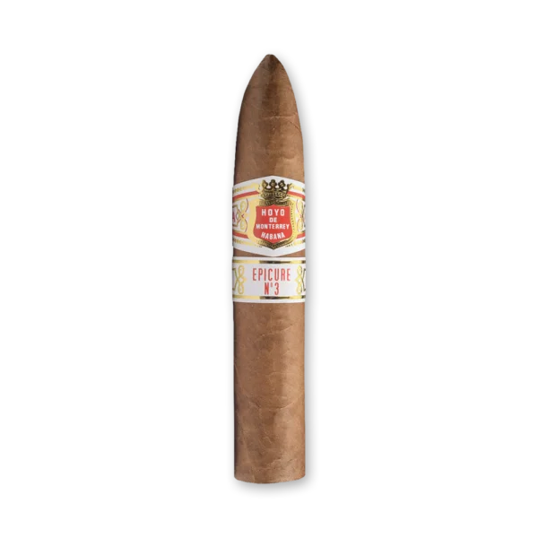 Charuto Hoyo de Monterrey Epicure No.3 de cabeça pontiaguda e capa marrom média, com duas anilhas brancas e vermelhas