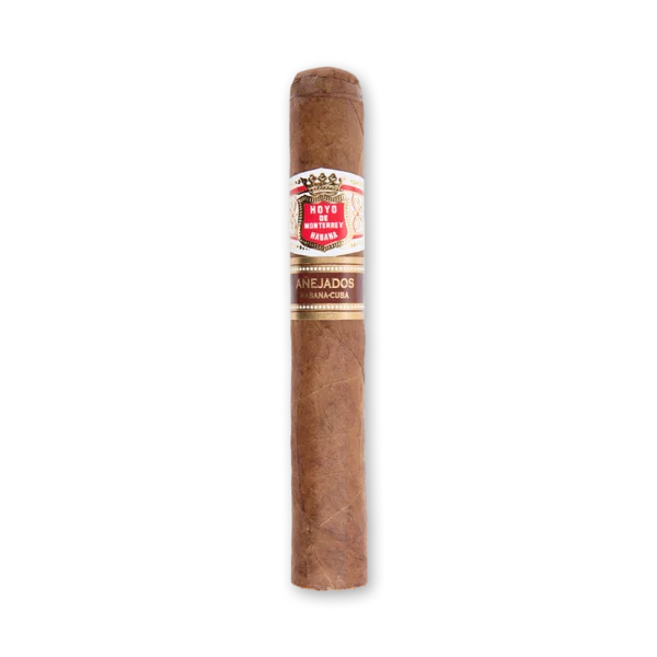 Charuto Hoyo de Monterrey Hermosos No.4 de capa marrom média, com anilha branca e vermelha e faixa marrom Añejados
