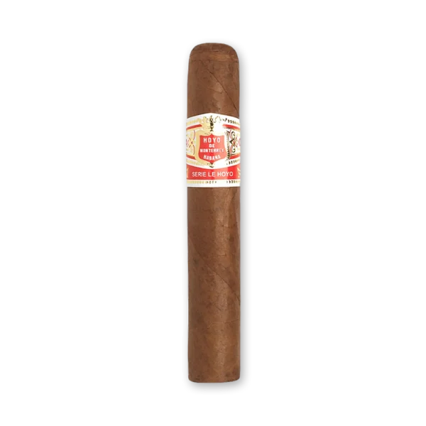 Charuto Hoyo de Monterrey Le Hoyo de Rio Seco de corpo grosso e capa marrom, com anilha branca e faixa vermelha