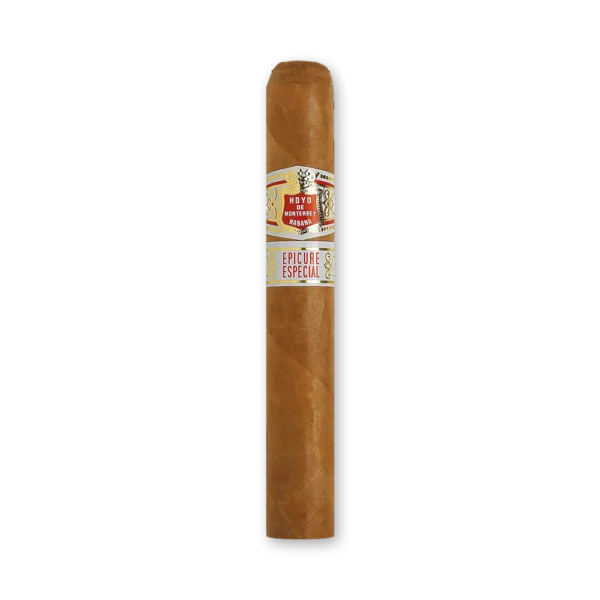 Charuto Hoyo de Monterrey Epicure Especial de capa marrom clara, com anilha da marca e anilha Epicure Especial