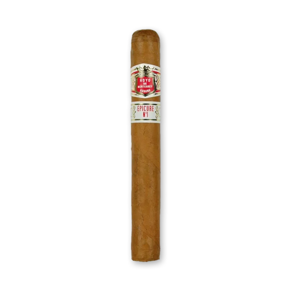 Charuto Hoyo de Monterrey Epicure No.1 de corpo longo e capa marrom clara, com anilha da marca e anilha Epicure N°1