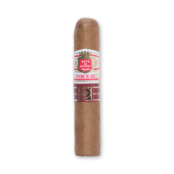 Charuto Hoyo de Monterrey Epicure Deluxe curto e grosso, de capa marrom clara, com anilha branca e faixa vinho
