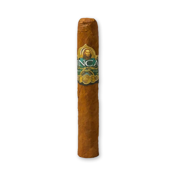Charuto Inca Robusto de corpo grosso e capa caramelo, com anilha verde-azulada com retrato dourado