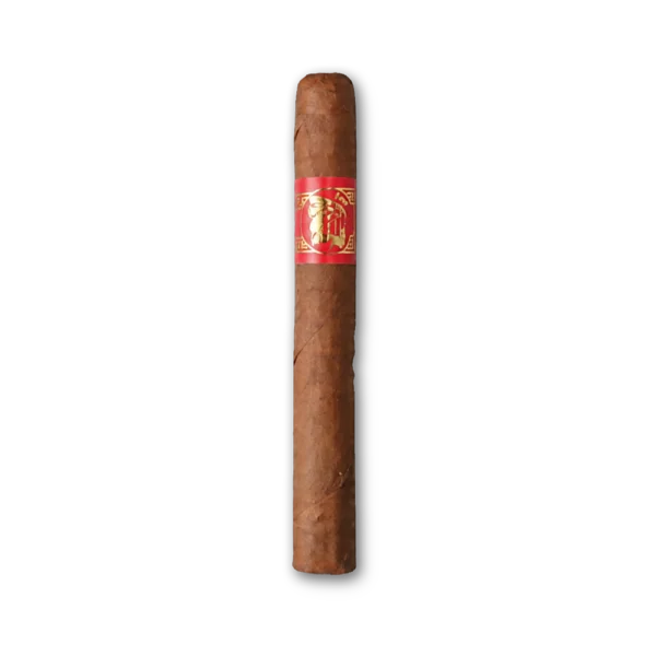 Charuto Inca Corona longo e reto, de capa marrom avermelhada, com anilha vermelha e emblema dourado