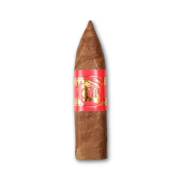 Charuto Inca Figurado de cabeça pontiaguda e capa marrom avermelhada, com anilha vermelha e emblema dourado