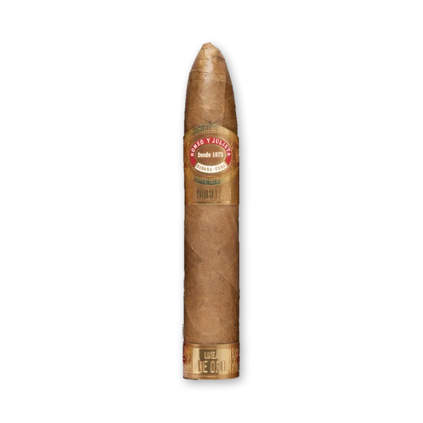 Charuto Romeo y Julieta Nobles de cabeça pontiaguda, com anilha dourada e vermelha e faixa Línea de Oro no pé
