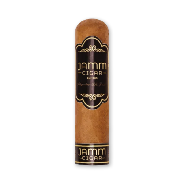 Charuto JAMM Gordito Premium curto e largo, de capa alaranjada clara, com anilha preta e bordas douradas