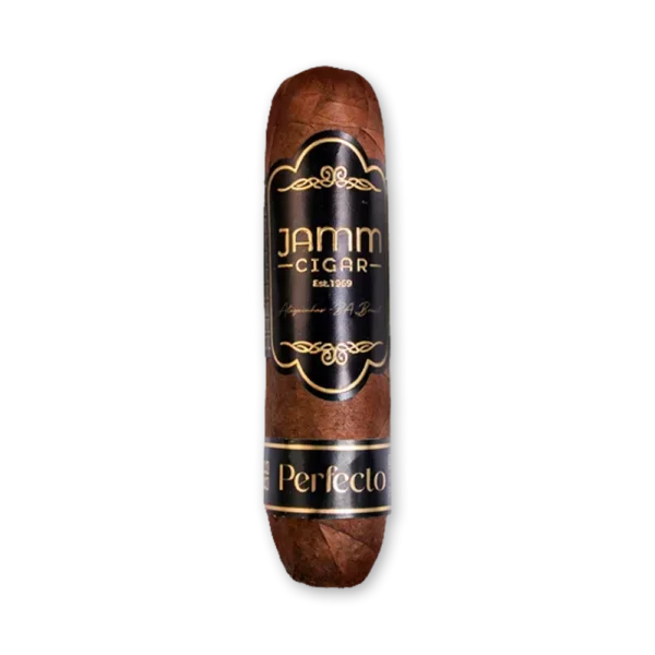 Charuto JAMM Perfecto curto e abaulado, de capa marrom escura, com anilha preta e dourada e faixa Perfecto