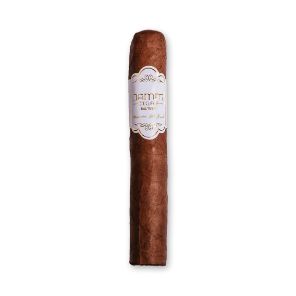 Charuto JAMM MF60 de corpo grosso e capa marrom escura, com anilha branca com ornamentos dourados