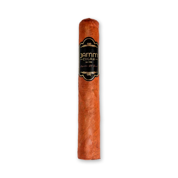 Charuto JAMM Robusto Premium de corpo robusto e capa laranja-avermelhada, com anilha preta e ornamentos dourados