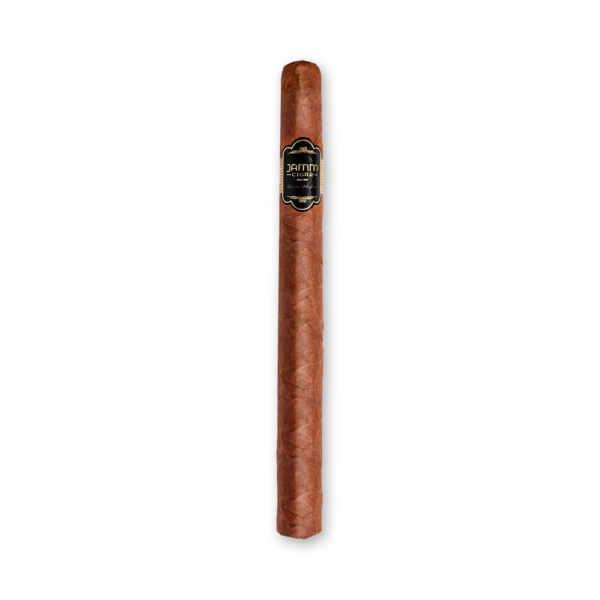 Charuto JAMM The One longo e fino, de capa marrom avermelhada, com anilha preta e ornamentos dourados