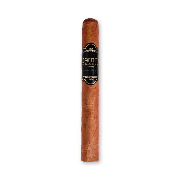Charuto JAMM Churchill Premium de corpo longo, capa alaranjada e anilha preta com detalhes dourados