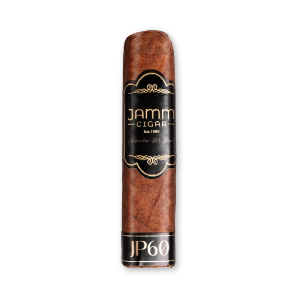 Charuto JAMM JP60 curto e muito grosso, de capa marrom escura, com anilha preta e faixa JP60 no pé