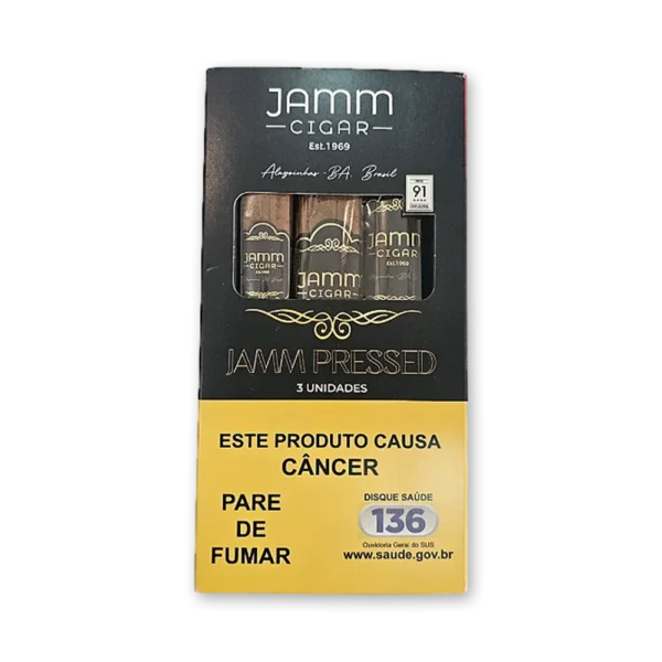 Petaca preta JAMM Pressed com três charutos visíveis pela janela e advertência sanitária na parte inferior