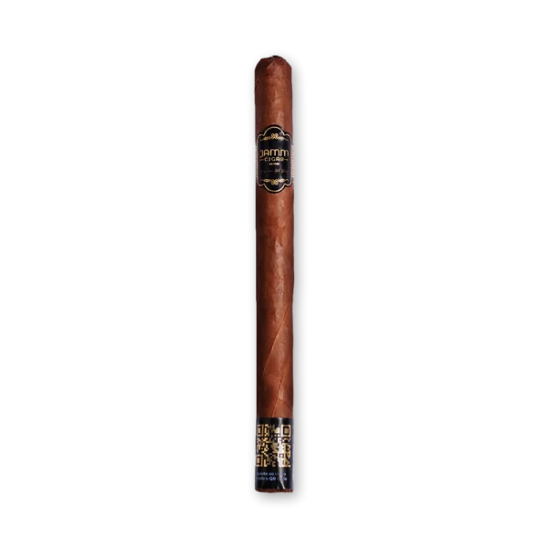 Charuto JAMM Lancero longo e fino, de capa marrom avermelhada, com anilha preta e faixa com QR code no pé