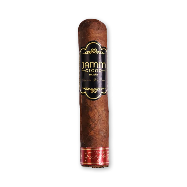 Charuto JAMM Maduro Fuego curto e grosso, de capa maduro escura, com anilha preta e faixa vermelha no pé