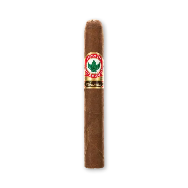 Charuto Joya de Nicaragua Antaño Machito de capa marrom, com anilha vermelha e dourada com folha verde