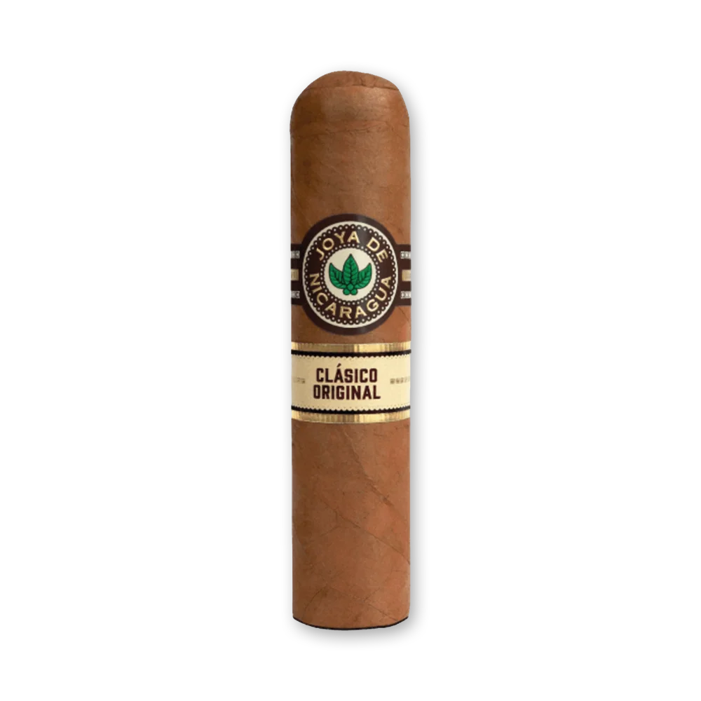Charuto Joya de Nicaragua Clásico Original Gordito visto de frente Charuto Joya de Nicaragua Clásico Original Gordito curto e grosso, de capa marrom, com anilha redonda e faixa creme