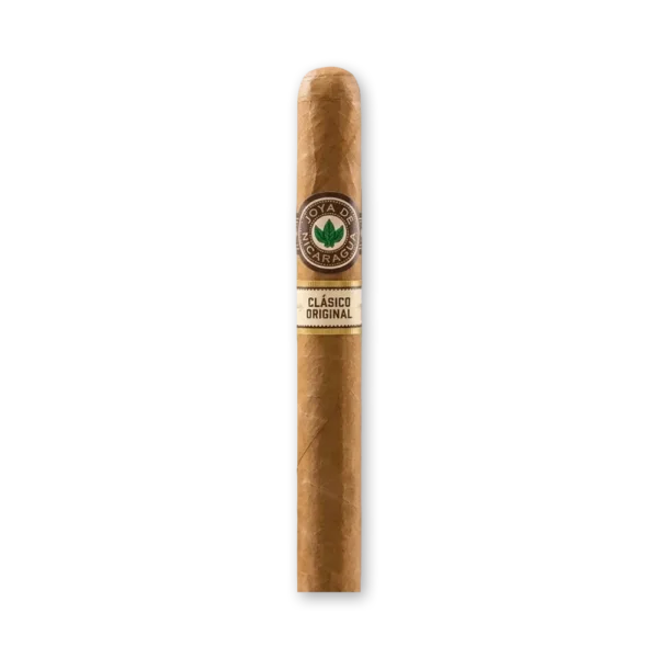 Charuto Joya de Nicaragua Clásico Original Número 6 de corpo longo e capa clara, com anilha redonda e faixa creme