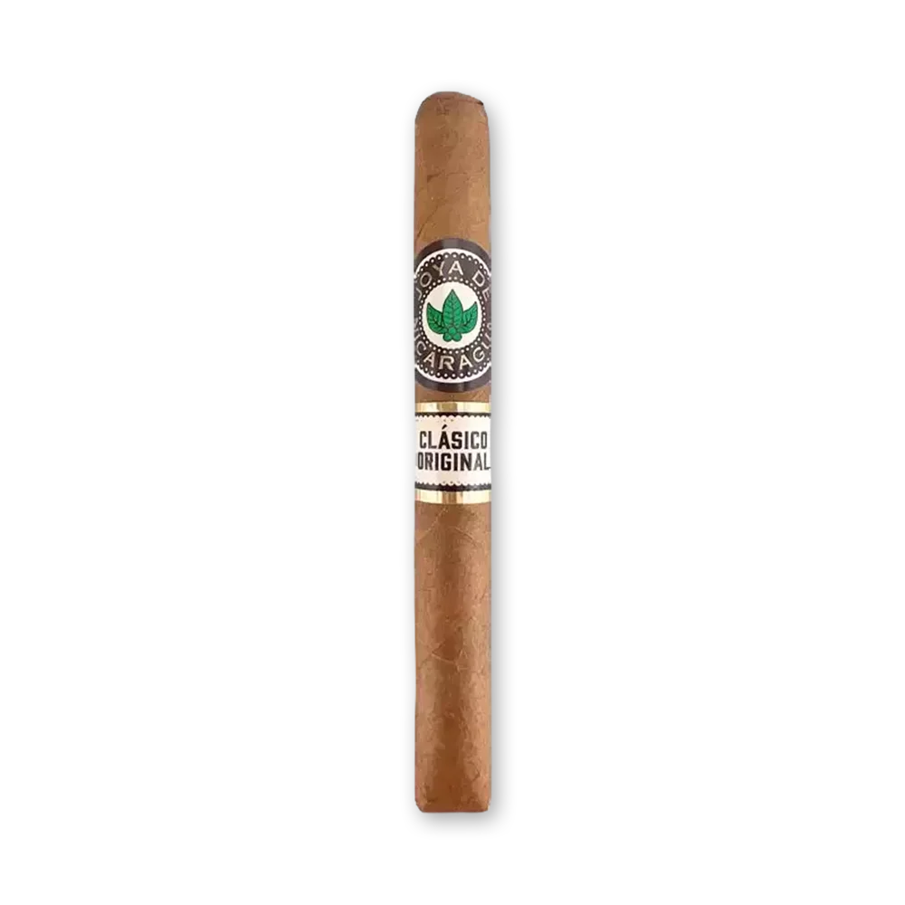 Charuto Joya de Nicaragua Clasico Original Piccolino avulso visto de frente Charuto Joya de Nicaragua Clasico Original Piccolino de capa clara com anilha redonda escura e anilha creme