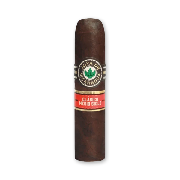 Charuto Joya de Nicaragua Clasico Medio Siglo Gordito curto e grosso, de capa escura, com anilha preta e vermelha