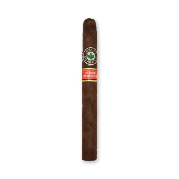 Charuto Joya de Nicaragua Clasico Medio Siglo Numero 6 longo e fino, de capa escura, com anilhas preta e vermelha