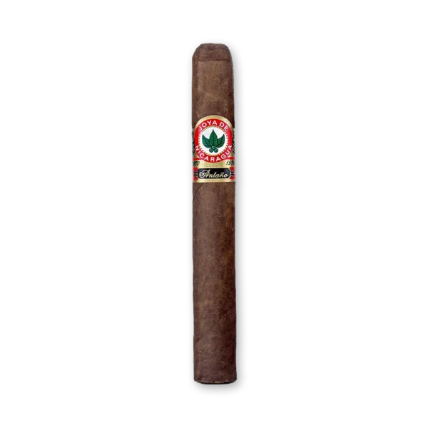 Charuto Joya de Nicaragua Antaño Alisado grosso e longo, de capa marrom escura, com anilha redonda e placa Antaño 1970