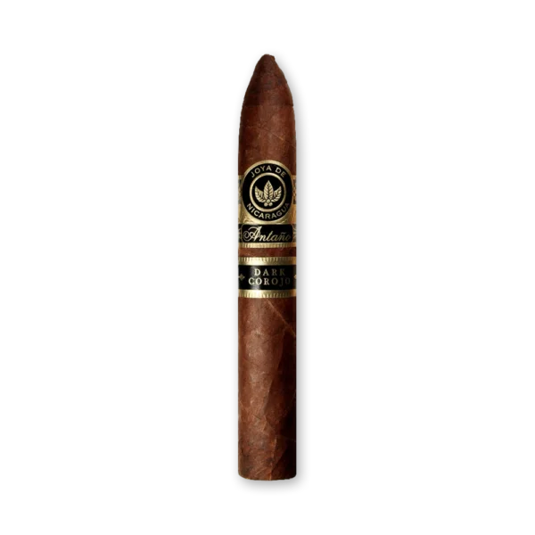 Charuto Joya de Nicaragua Antaño Dark Corojo Poderoso com cabeça pontuda, capa escura e anilhas preta e dourada