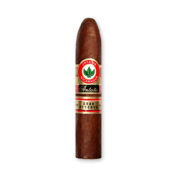 Charuto Joya de Nicaragua Antaño Gran Reserva Gran Cónsul, curto e grosso, de capa avermelhada e cabeça afunilada