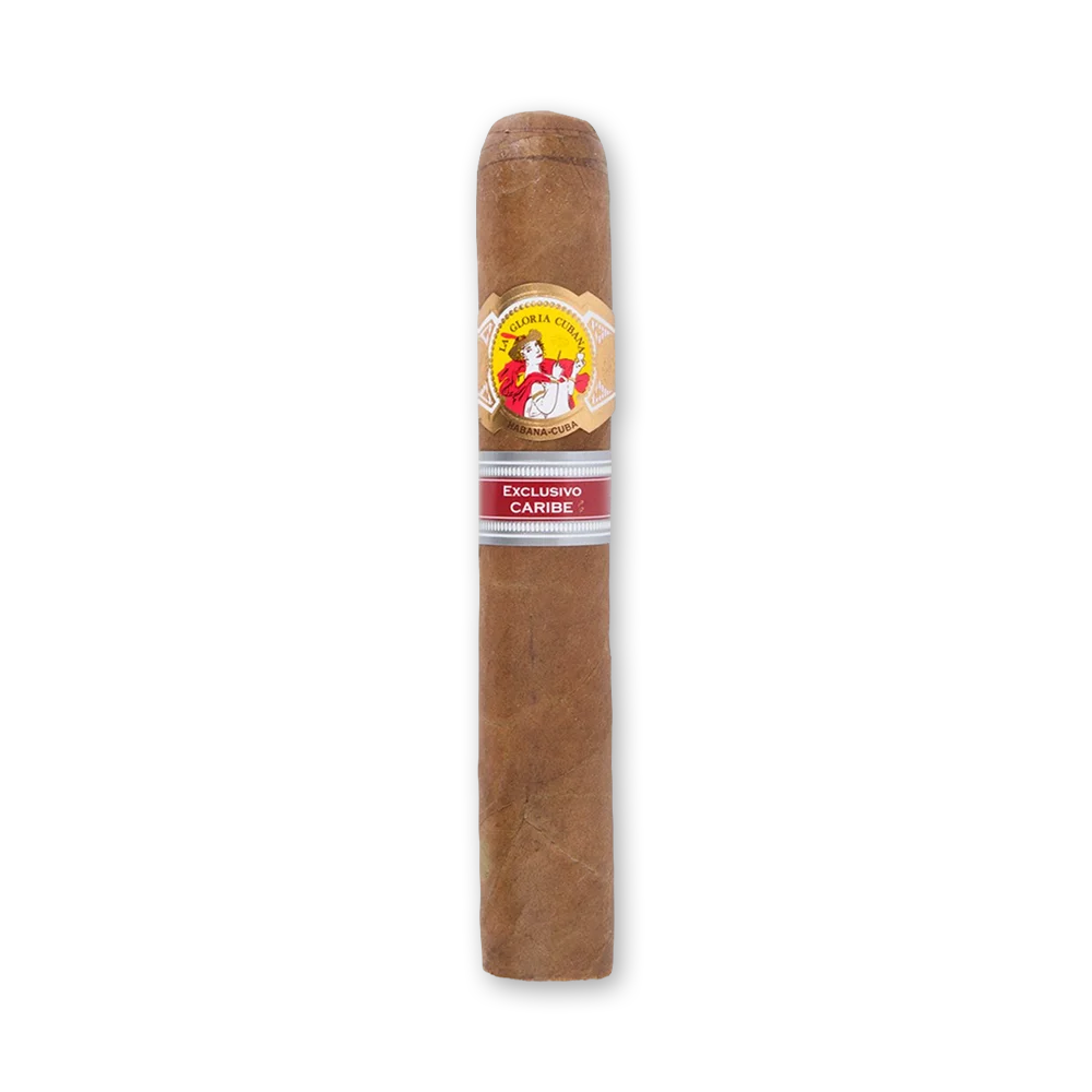 Charuto La Gloria Cubana Edición Regional Caribe avulso visto de frente Charuto La Gloria Cubana Edición Regional Caribe de capa marrom com anilha da marca e anilha Exclusivo Caribe