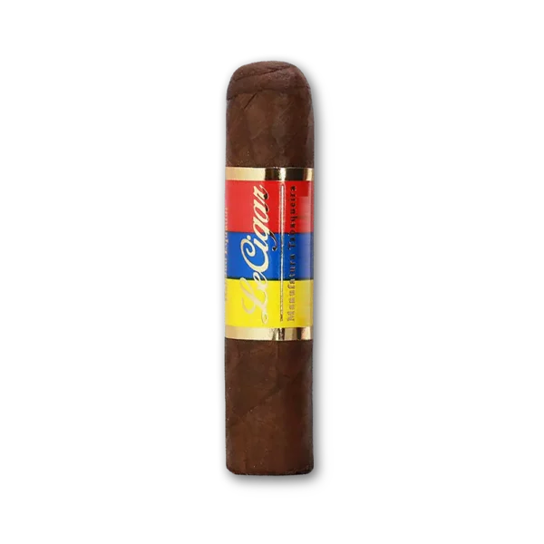 Charuto Le Cigar Gordito Habano Equador curto e grosso, de capa marrom escura, com anilha vermelha, azul e amarela