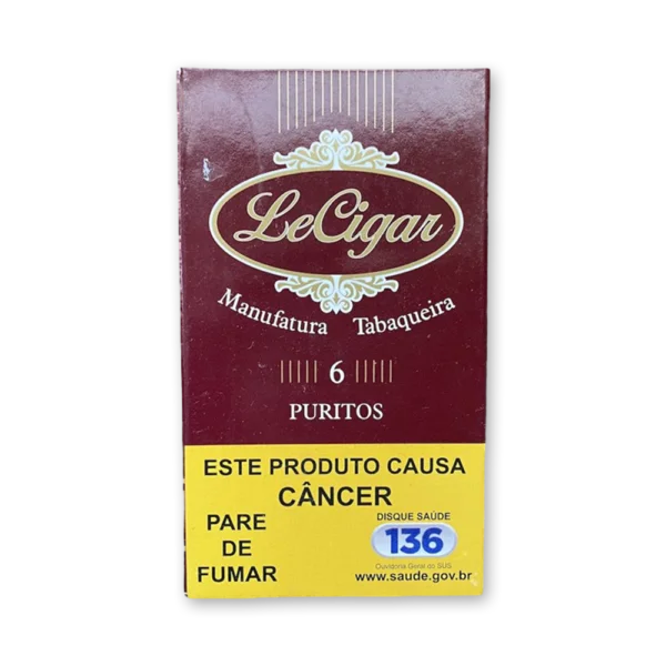 Petaca vinho de Le Cigar Puritos com seis unidades, oval da marca e tarja amarela