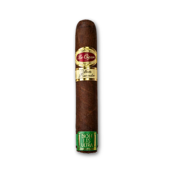 Charuto Le Cigar Robusto NON PLVS ULTRA de capa muito escura, com anilhas Le Cigar e Don Lisandro e anilha verde no pé